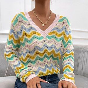 Wavy Striped Pointelle Knit Sweater